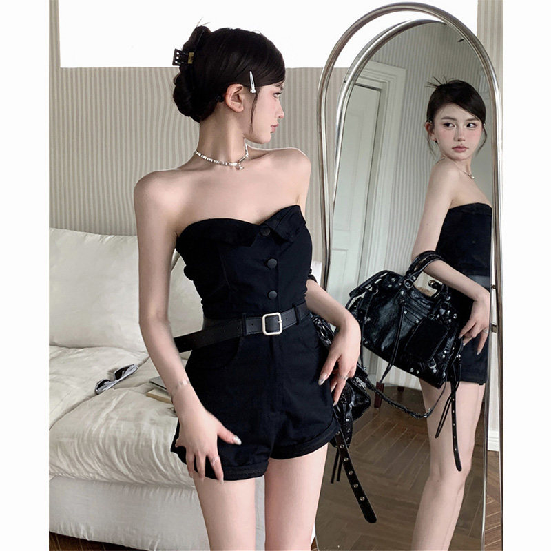 黑色一字肩抹胸连身休闲短裤女装夏季辣妹小个子高腰性感阔腿裤子