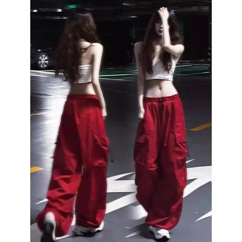 红色工装裤女春秋2026新款高腰宽松阔腿降落伞裤美式高街运动裤子