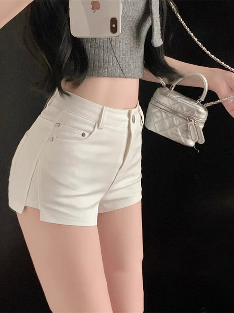 侧开叉白色短裤女夏季高腰显瘦辣妹热裤a字裤打底裤外穿紧身裤子