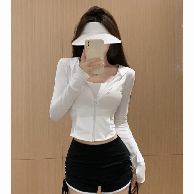白色冰丝连帽拉链正肩长袖防晒外套女夏季运动瑜伽服开衫短款上衣