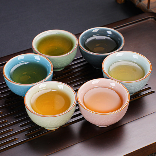 六色冰裂纹功夫小茶杯套装6只品茗杯汝窑茶具喝茶小杯子茶碗陶瓷