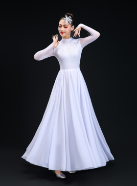 白色飘逸开场舞大摆裙现代舞古典舞艺考演出服成人女大合唱舞蹈服
