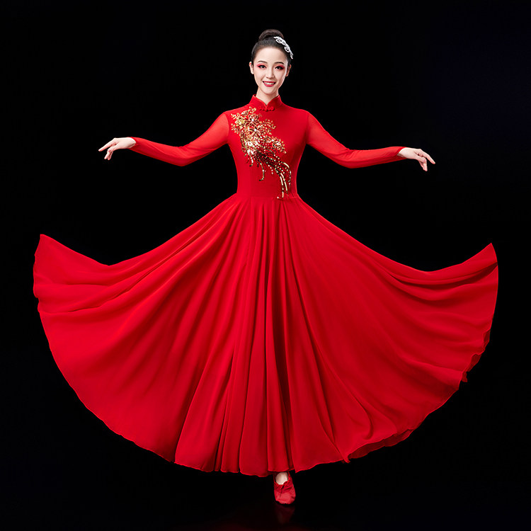 灯火里中国万疆舞蹈现代舞开场舞蹈歌伴舞红色大摆裙连衣裙演出服
