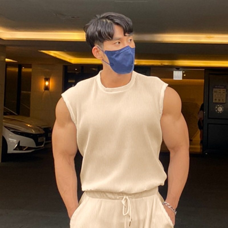 夏季美式针织健身背心男工字背修身竖条纹时尚运动服透气训练无袖