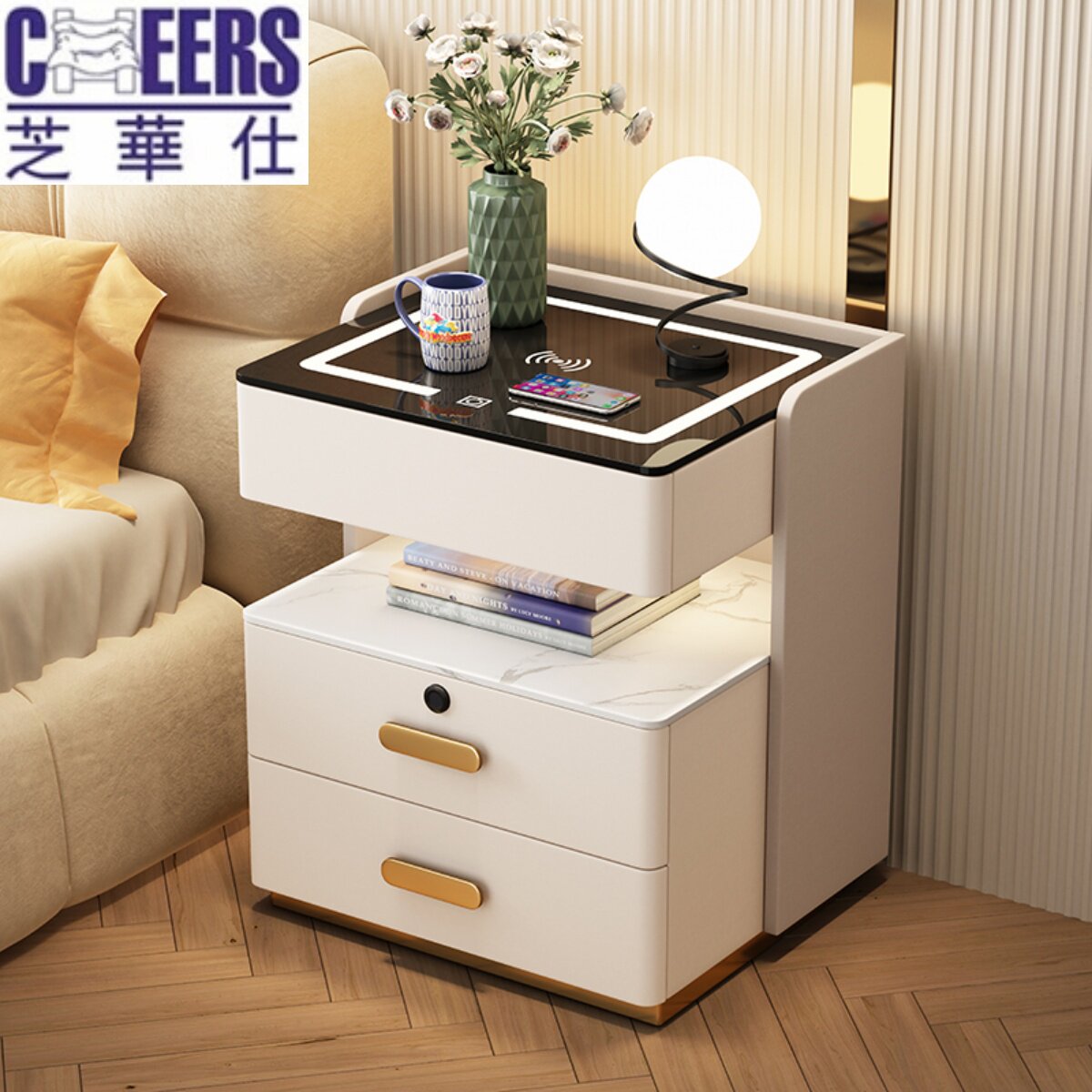 智能床头柜多功能收纳实木轻奢简约现代免安装卧室充电储