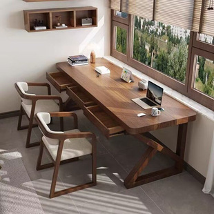 全实木电脑桌双人长条桌带抽屉家用学习桌卧室简约实木办公桌书桌