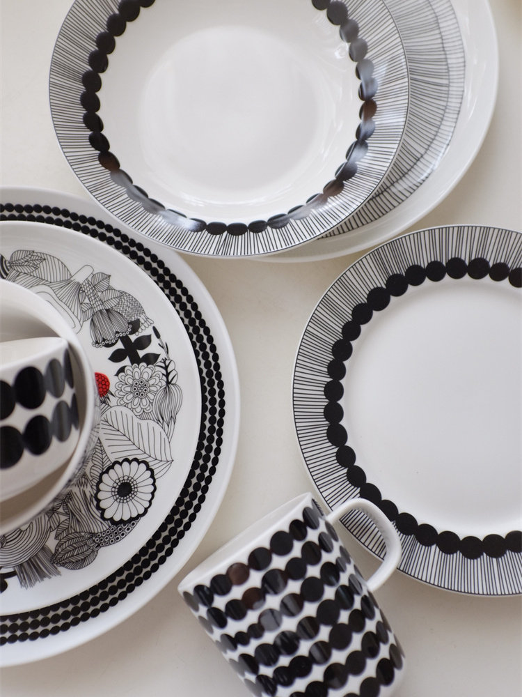 杂置社北欧经典城市花园黑白圆点线条甜品碟家用汤盘餐具盘子陶瓷