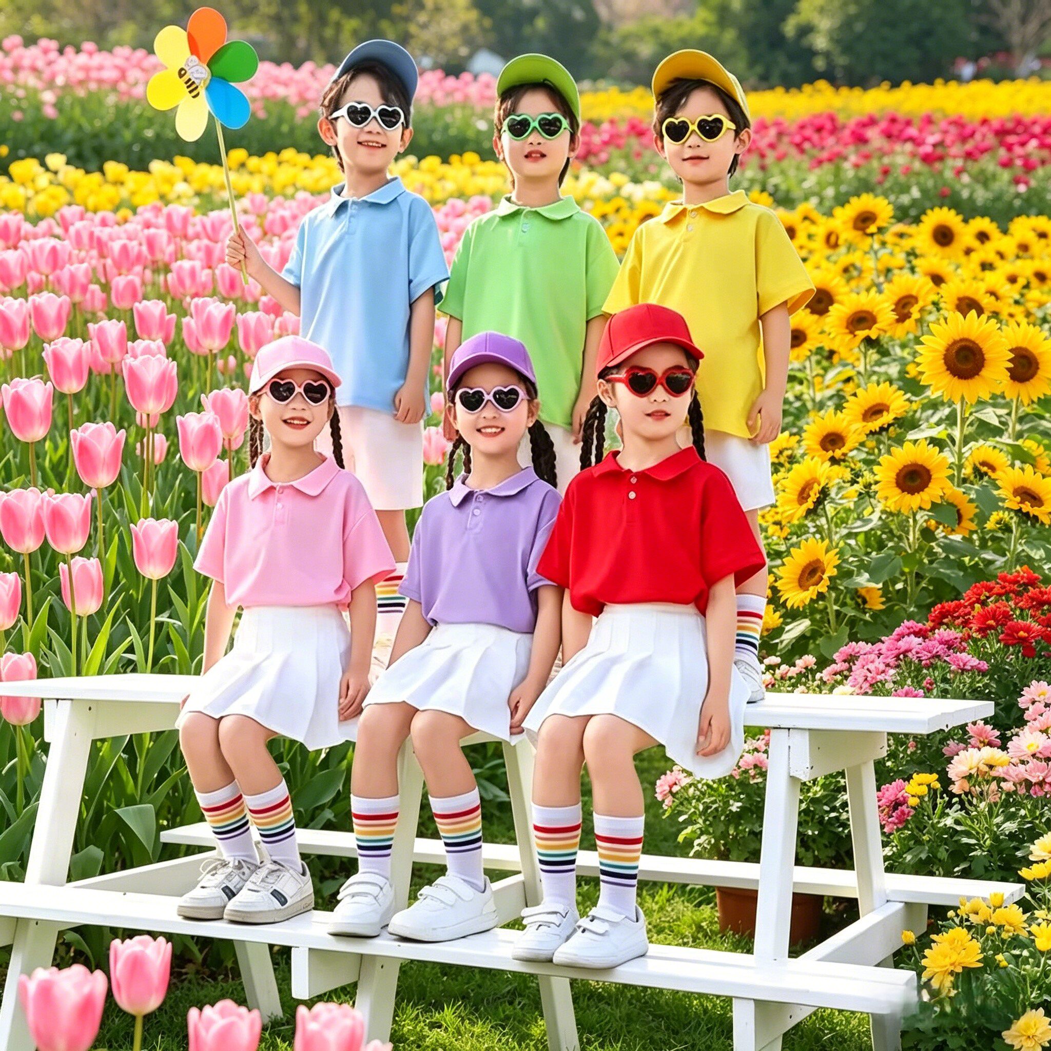 儿童啦啦队演出服多巴胺糖果色短袖翻领夏季幼儿园运动会表演服装