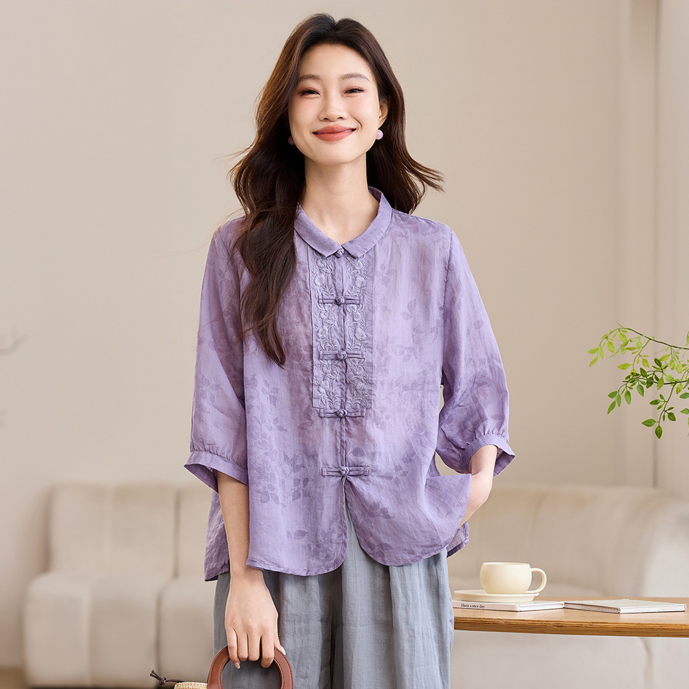 紫色新中式苎麻上衣女2025新款大码妈妈装高级复古中国风盘扣衬衫
