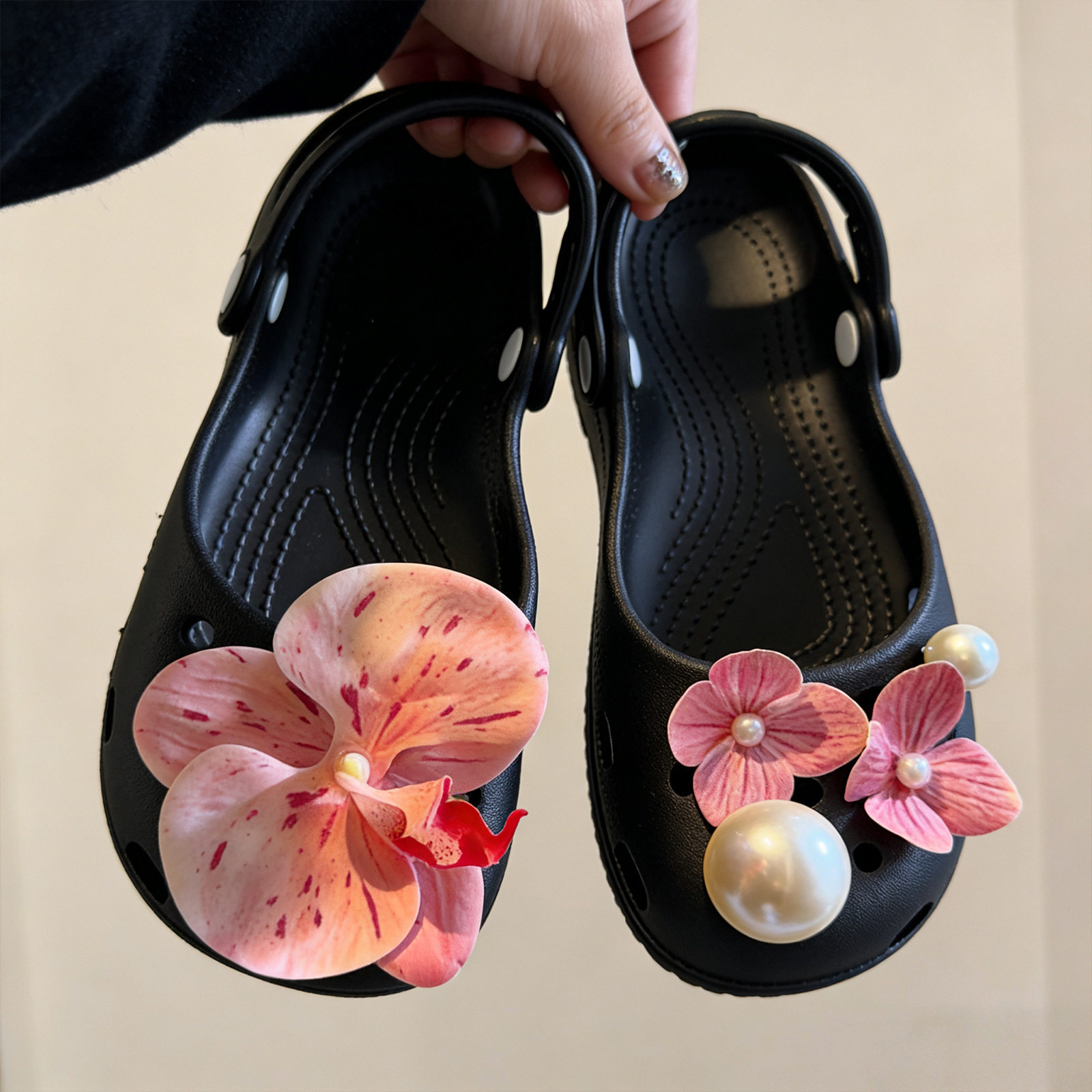 春日和风粉紫鞋花芭蕾舞鞋洞洞鞋可爱女生装饰配饰适配crocs卡扣