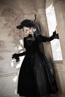 初代魔女原创暗黑哥特黑丝绒三耳飘带Lolita 黑鸢尾之心定金