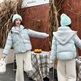 小清新海盐蓝披肩连帽棉服女短款 羽绒服棉衣 加厚保暖宽松外套冬季