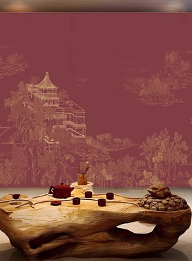 定制阁楼山水红色背景墙板新中式茶室书法卧室碳晶板办公室护墙板