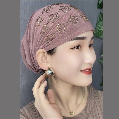 回族头巾纱巾帽子女春夏新款头巾套头时尚烫钻帽子透气包头帽