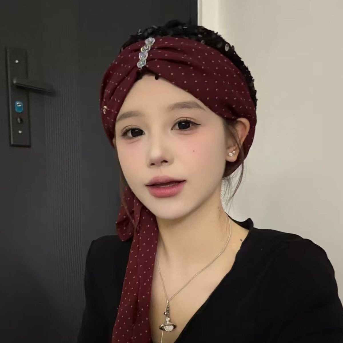女士包头帽套头帽带发带丝巾款式波点飘带帽遮白发四季清新头巾帽