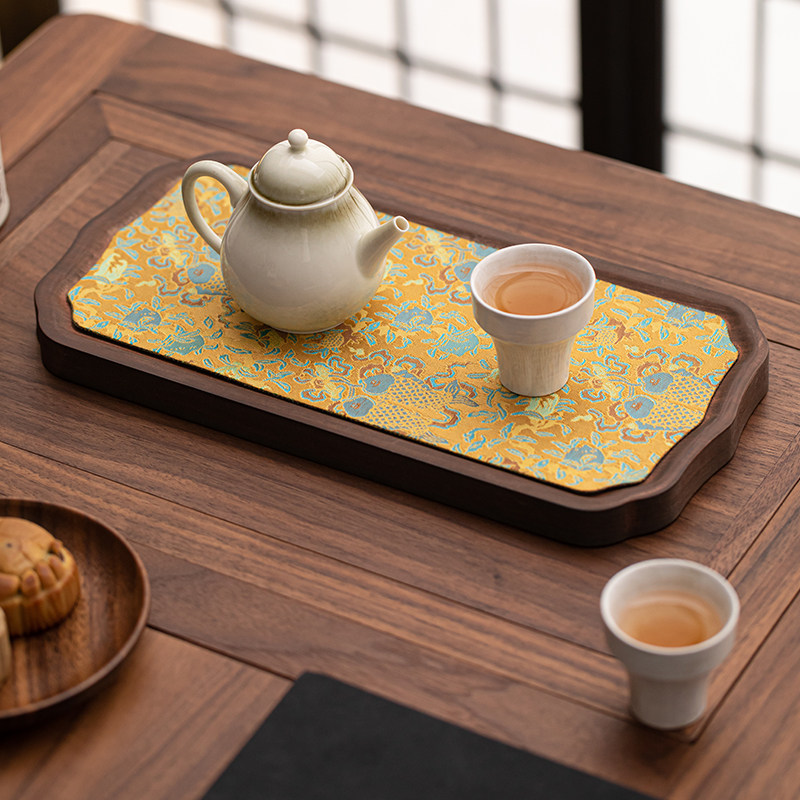 中式复古胡桃木色托盘云纱衬布家用茶道零配茶盘点心盘中国风茶具