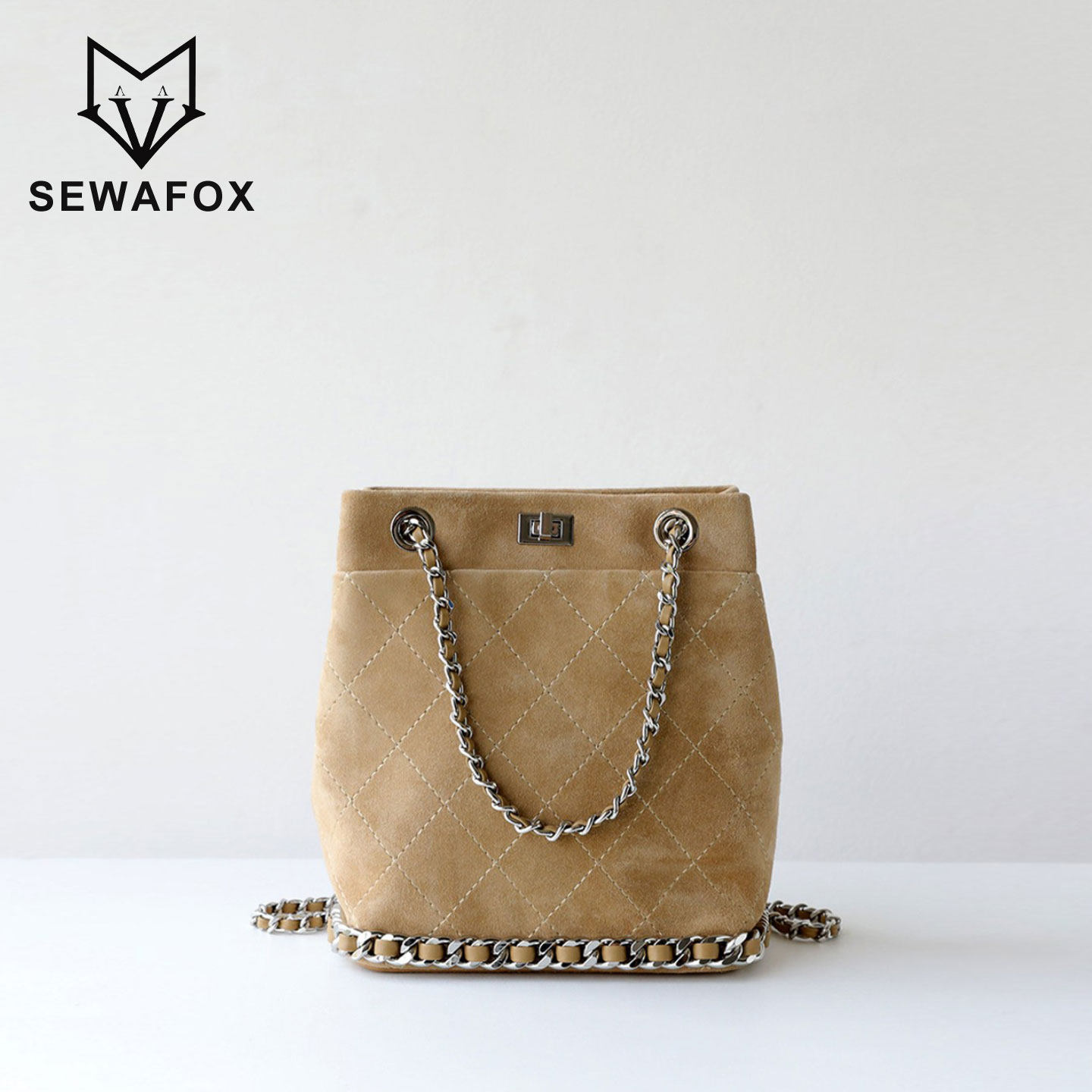 小香风菱格羊皮水桶包女2026新款链条单肩腋下包包高级感手提女包