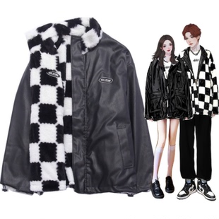 美式棋盘格子两面穿外套男女冬季保暖加厚情侣装pu皮衣夹克机车服