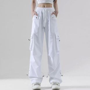 美式hiphop白色工装裤女夏季潮流嘻哈爵士舞运动裤薄款休闲裤子潮