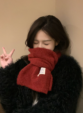 日系羊毛混纺针织小围巾女冬季高级感新年红色短款保暖围脖男学生