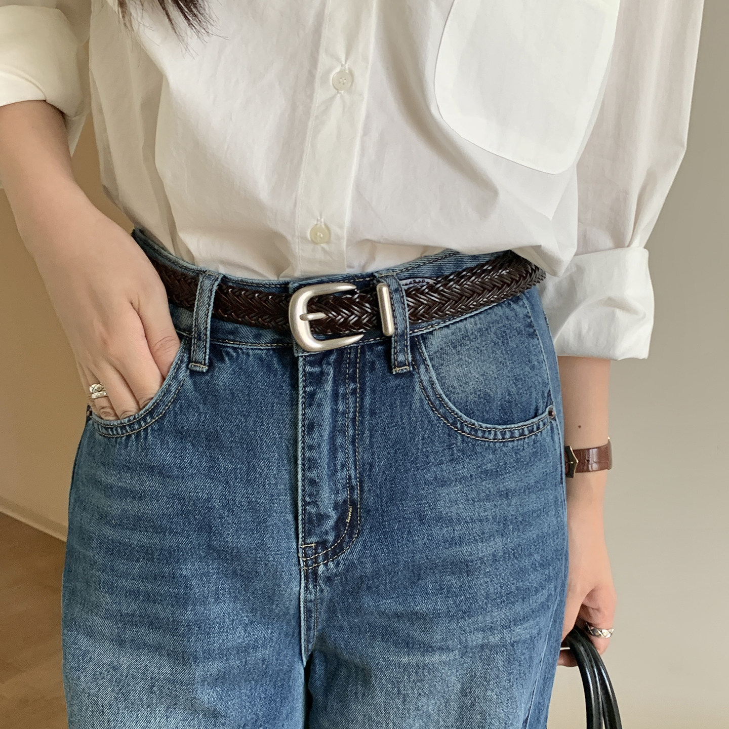 韩国东大门银扣编织皮带女复古ins博主搭配腰带女百搭气质仿真皮