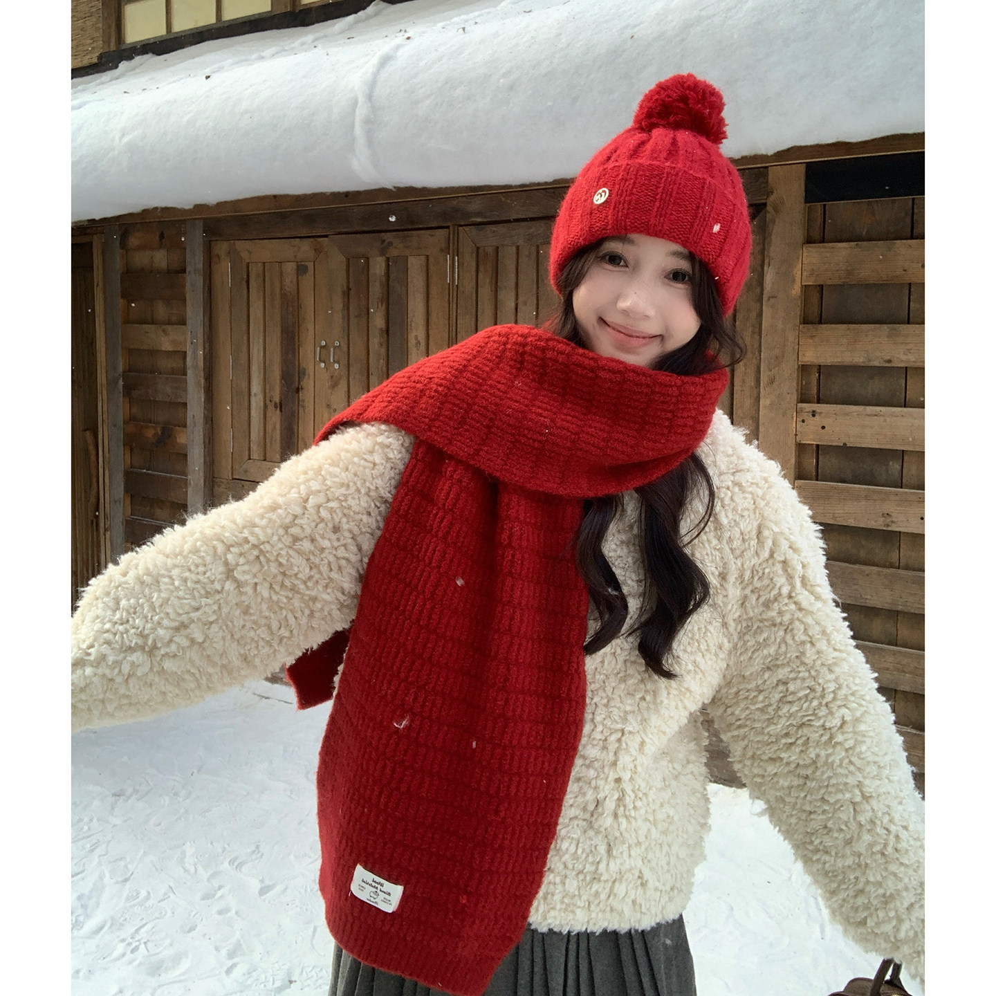 圣诞新年红色围巾女冬季高级感羊毛混纺麻花针织长款保暖围脖情侣