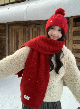 马年新年红色围巾女冬季高级感羊毛混纺麻花针织长款保暖围脖情侣