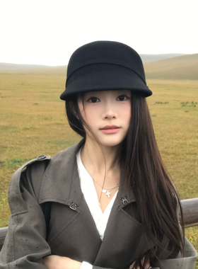 平原之上~气质优雅黑色小礼帽女秋冬英伦平顶马术帽复古报童帽女