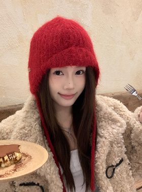 新年红色帽子女冬季保暖针织帽可爱系带毛线帽护耳雷锋帽飞行帽男