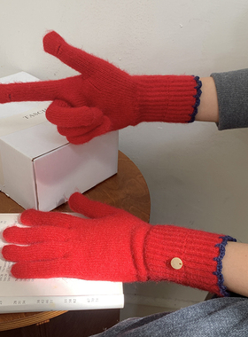 新年红色长款针织手套女冬季锁边含羊毛软糯保暖手套男骑行防寒潮