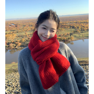 西本combon圣诞新年红色围巾女冬季 加厚粗针织毛线围脖男情侣 长款