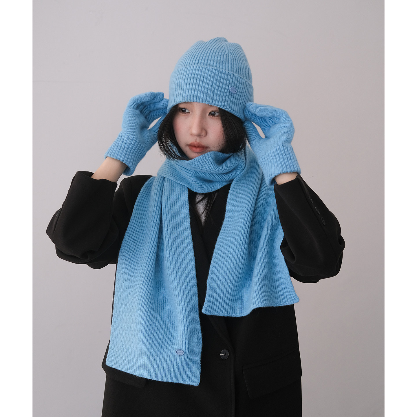 冰岛蓝~100%澳洲绵羊毛针织帽子女冬季高级感保暖围巾手套三件套,服饰配件/皮带/帽子/围巾,三件套,淘宝优惠券,粉丝福利购,淘宝优惠卷