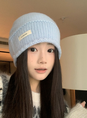 100%绵羊毛针织帽女冬季蓝色冷帽