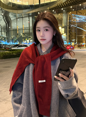 韩单款~100%羊毛大披肩女冬季马年新年红色针织围脖保暖围巾披风