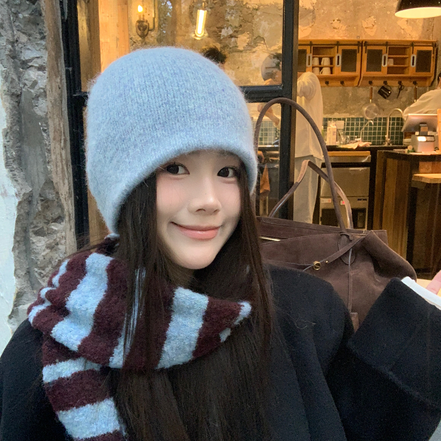 初恋蓝色双层加厚针织帽保暖冷帽