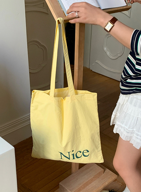 韩版ins鹅黄色百搭帆布包女夏季薄款大容量单肩包学生通勤手提包