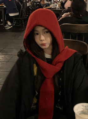 可爱红色针织帽女冬季帽子围巾一体韩版巴拉克拉法帽保暖毛线帽女