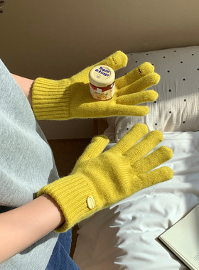 韩系黄色分指100%羊毛针织手套女冬季户外加厚骑行保暖手套可触屏