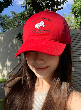 可爱小狗刺绣棒球帽子女夏季显白红色复古鸭舌帽男户外防晒遮阳帽
