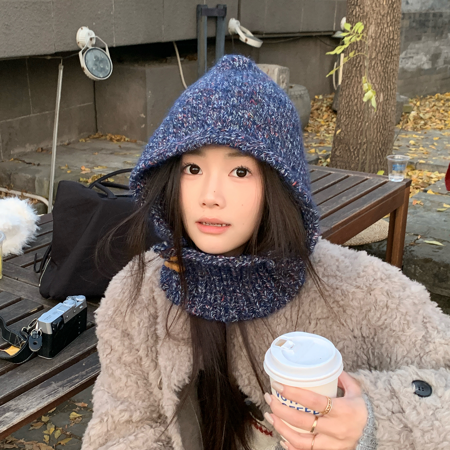 东大门混色牛角扣针织帽毛线帽