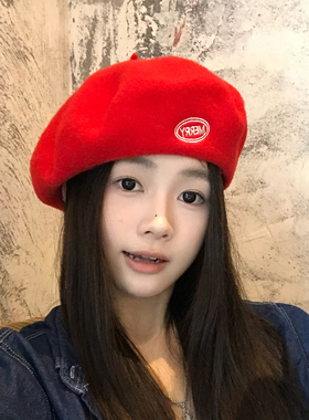 4.0升级版型~马年新年红色贝雷帽子女秋冬纯色百搭英伦复古画家帽