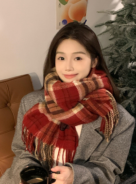 新年马年红色围巾女款2025新款英伦格子仿羊绒围脖男加厚保暖披肩
