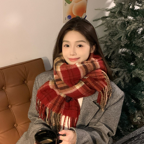 韩版红色英伦格子围巾披肩女冬季
