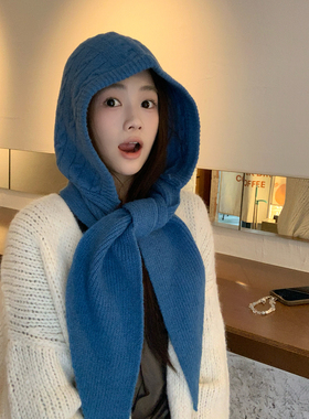 蓝色针织帽女冬季帽子围巾一体