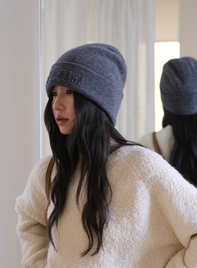 100%澳洲羊毛针织帽子女冬季立体提花字母冷帽双层加厚保暖毛线帽