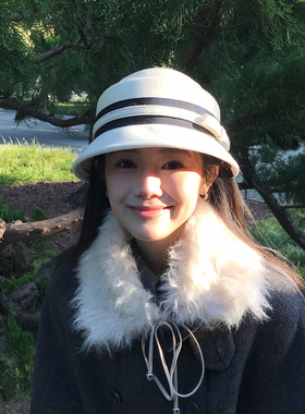 定制开模~留洋千金风白色小礼帽女秋冬蝴蝶结渔夫帽子赫本风盆帽