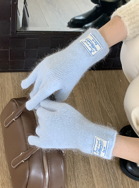 韩版ins兔毛针织蓝色手套女冬季保暖加厚五指骑行手套防寒可触屏