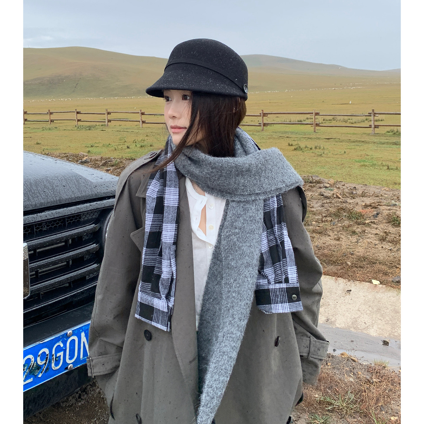 格纹衬衫袖子拼接羊毛混纺围巾女冬季小众解构趣味针织毛线围脖男