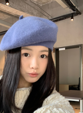显白蓝色兔毛贝雷帽女秋冬画家帽