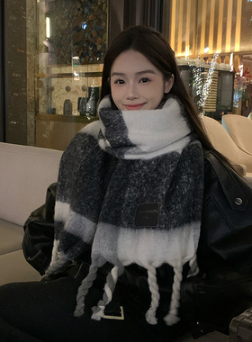 日系百搭黑灰色仿羊绒围巾女款2025新款冬季加厚粗辫子保暖围脖男